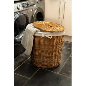 Oval Wicker Lined Laundry Basket Bin Natural / Large (56 cm x 51 cm x 37 cm)