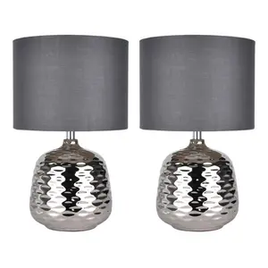 Set Of 2 Chrome Ceramic Dimple Table Lamps With White Shades (Set of 2) Grey