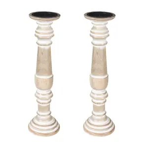 SET OF 2 Rustic Antique Carved Wooden Pillar Church Candle Holder, Natural,Extra Large 45cm