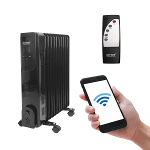 AMOS 11-Fin 2500W Smart Oil Filled Radiator Wi-Fi Smart App Enabled & Remote Control 3 Heat Settings Timer Digital Display, Black