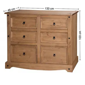 Mercers Furniture Corona 6 Drawer Wide Chest of Drawers Sideboard Solid Pine with Mexican Styling