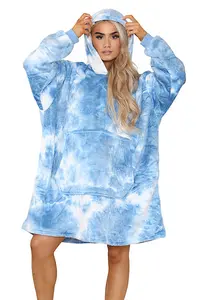 MS9 Women's Oversized Hoodie Wearable Blanket Hoodie Top With Sherpa Lining Dark Blue and White