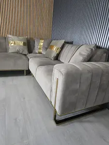 Genova Velvet Beige Corner Sofa With Gold Metal Legs