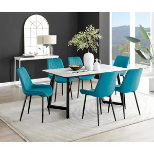 Industrial Design White & Grey Marble Effect Melamine Dining Table Set with 6 Luxury Velvet Chairs Blue/Black