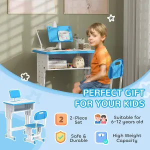 HOMCOM Kids Desk and Chair Set w/ Drawer, Book Stand, Pen Slot, Blue