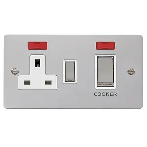 Flat Plate Polished Chrome Cooker Control Ingot 45A With 13A Switched Plug Socket & 2 Neons - White Trim - SE Home