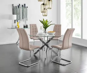 Furniturebox UK Novara Chrome Metal And Glass Large Round Dining Table And 4 Cappuccino Beige Murano Chairs Set