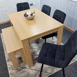 Dining Table and 4 Chairs With Bench Oak Effect Wood 4 Black Velvet  Chairs Dining Room