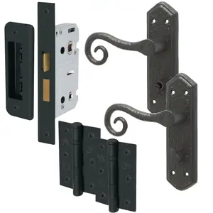 AFIT Curly Black Antique Door Handle on Backplate Bathroom Kit / Pack - 64mm Lock 76mm Hinges