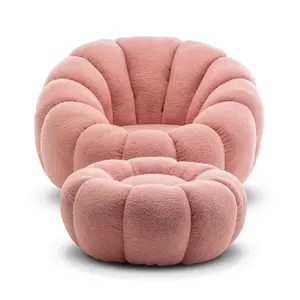 Teddy Boucle Fabric Pink Mirielle Swivel Accent Chair with Footstool