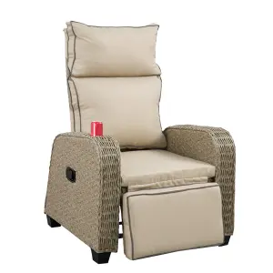 Patio Rattan Recliner Lounger Sofa with Soft Cushion, 170 Degree Adjustable Backrest and Footrest Support 150kg