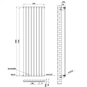 Vertical Anthracite Single Flat Panel Radiator (H) 1800 mm x (W) 544 mm, 4372 BTU.