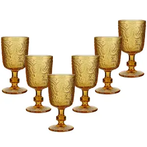 Set of 6 Vintage Luxury Yellow Embossed Drinking Goblet Wine Glasses 300ml