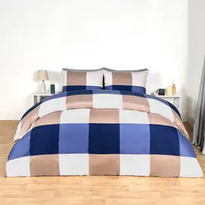 Gingham Check Duvet Cover Bedding Quilt Set Reversible, Navy/Beige - Superking