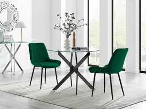 Furniturebox UK Novara 100cm Round Black Leg Dining Table & 2 Green Pesaro Black Leg Chairs