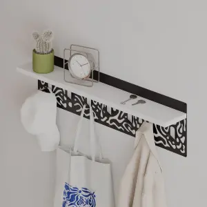 Decortie Novo Wall-Mounted Coat Rack White Metal 7 Hooks and Open Shelf Storage Space, Hallway, Bedroom (Black Metal)