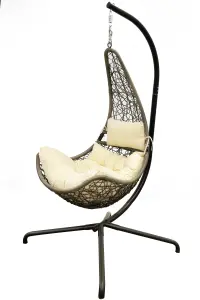 Grey Round Weave Hanging Chair - Cream Cushion