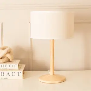 ValueLights Triston Natural Light Wood Stem Table Lamp with Linen White Trim Drum Lamp Shade and LED Bulb