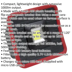 Rechargeable Pocket Floodlight - 10W COB LED - Built In Power Bank - 1000 Lumens