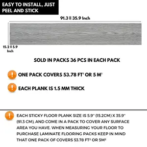 Self Adhesive Floor Planks - 36 Planks Per Pack Covering 53.8 ft² (5 m²) - Peel And Stick Vinyl Flooring in Grey Oak Wood Effect