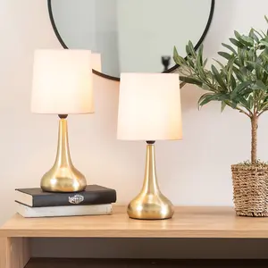 Pair - Brushed Gold Teardrop Touch Dimmer Table Lamps with Blush Pink Shade Bedside Light - LED Bulbs Included