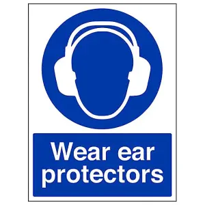 Wear Ear Protectors Mandatory PPE Sign - Rigid Plastic - 300x400mm (x3)