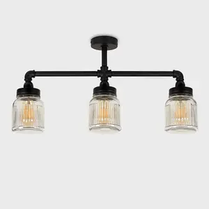 ValueLights Luiggi Satin Black 3 Way Bar Pipework Ceiling Light with Glass Ribbed Pattern Design Jar Shades with LED Bulbs