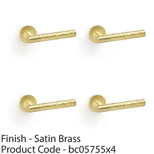 4 PACK - SOLID BRASS Hammered Door Handle Set - Satin Brass Straight Lever Round Rose