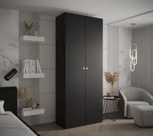 Stylish Black Inova II Hinged Door Wardrobe W1000mm H2370mm D470mm - Modern Storage with Round Gold Handles