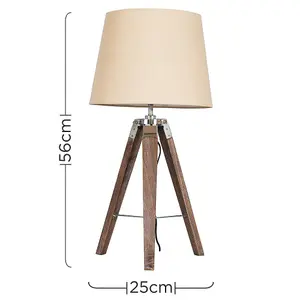 ValueLights Clipper Pair of Distressed Wood and Silver Chrome Tripod Table Lamps with Beige Light Shades