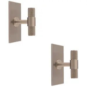 2 PACK - Knurled T Bar Cabinet Door Knob & Matching Backplate - Satin Nickel 76 x 40mm