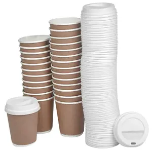 URBNLIVING 237ml 100Pcs Double Wall Disposable Takeaway Hot Coffee Drinks Cups with Sip Through Lids