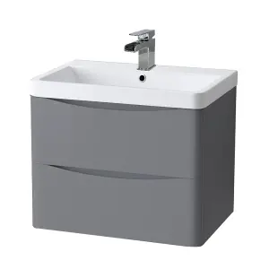 SunDaze 600mm Gloss Grey 2 Drawer Wall Hung Bathroom Cabinet Vanity Unit