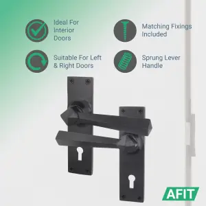 AFIT Black Iron Door Handle Key Lock Set - 1 Pair Black Antique Internal Handles with Hinges 76mm, Lock 64mm - Tudor Range