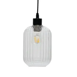 First Choice Lighting Batley Clear Ribbed Glass with Black Pendant Fitting