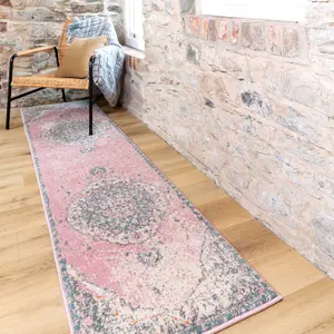 Pink Blue Pastel Traditional Medallion Living Area Runner Rug 60x240cm