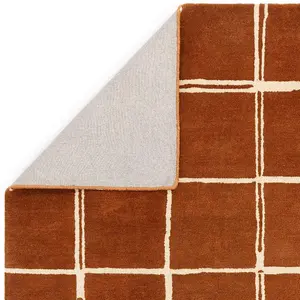 Rust Chequered Wool Modern Shaggy Handmade Rug For Living Room Bedroom & Dining Room-120cm X 170cm