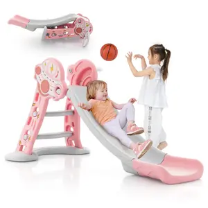 Costway 3-in-1 Folding Climber & Slide Set Basketball Hoop & Small Basketball Playset