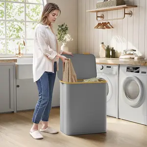 SONGMICS Large Laundry Hamper, 3-Section Basket with Lid, Big Capacity, Collapsible, Dove Grey, Removable Mesh Liner