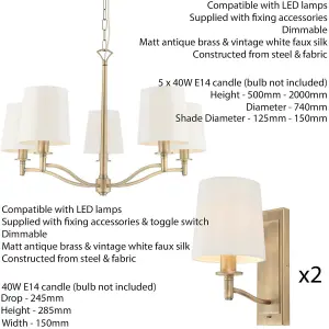 5 Bulb Ceiling Pendant Lamp & 2x Matching Wall Light Matt Antique Brass & Shade