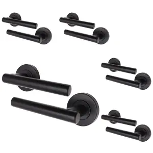 AFIT Matt Black Internal Door Handle - 5 Pairs Matt Black Lever on Rose Round T-Bar  Handles- Olvera Range