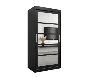 Roma II Black Modern Sliding Door Wardrobe H2000mm W1000mm D620mm with Mirrored Panels