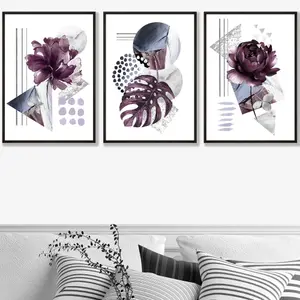 Set of 3 Abstract Purple and Silver Botanical Wall Art Prints / 30x42cm (A3) / Black Frame