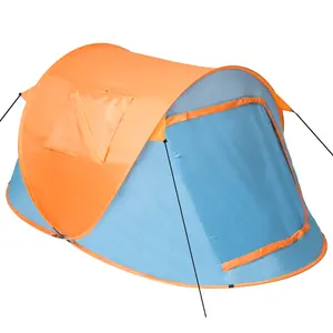 Pop-up Tent - 2 man, waterproof, with mosquito net, pegs, guy ropes, carry bag - blue/orange