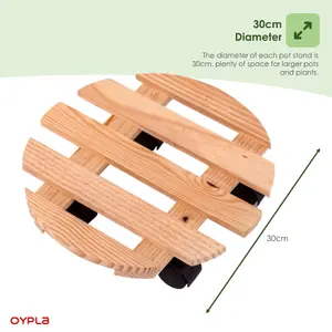 Oypla Set of 2 30cm Wooden Plant Flower Pot Mobile Mover Trolley Stands