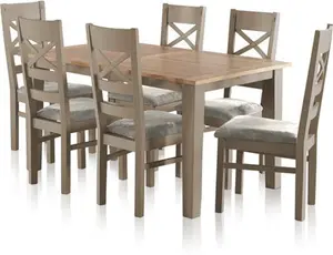 St Ives Natural Oak And Grey Painted 5ft Extending Dining Table And 6 St Ives Chairs With Plain Truffle Fabric Seats - Oak Furnitureland