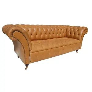 Chesterfield 3 Seater Old English Buckskin Leather Buttoned Seat Sofa In Balmoral Style