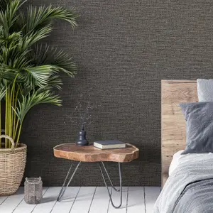 Grandeco Telma Slubbed Fabric Hessian Textured Luxury Wallpaper, Charcoal Grey