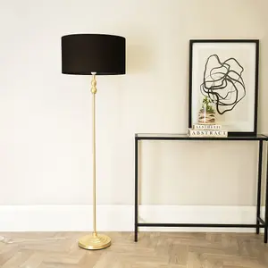 ValueLights Maggie Gold Metal Candlestick Floor Lamp with Black Fabric Lamp Shade and LED Bulb