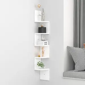 5 Tiers Wall Mount Corner DIY Wooden Shelf Floating - White